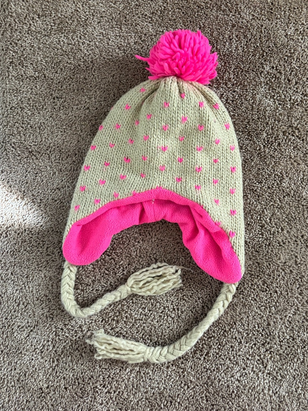 Kids Cream Knit Pom Beanie with Pink Accents